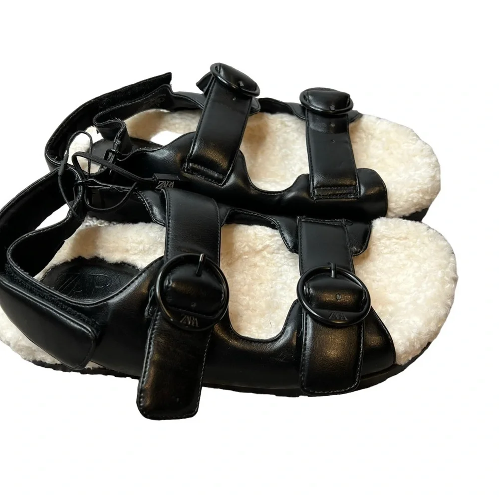 Zara fleece lined two strap buckle sandals in black - Picture 7 of 11